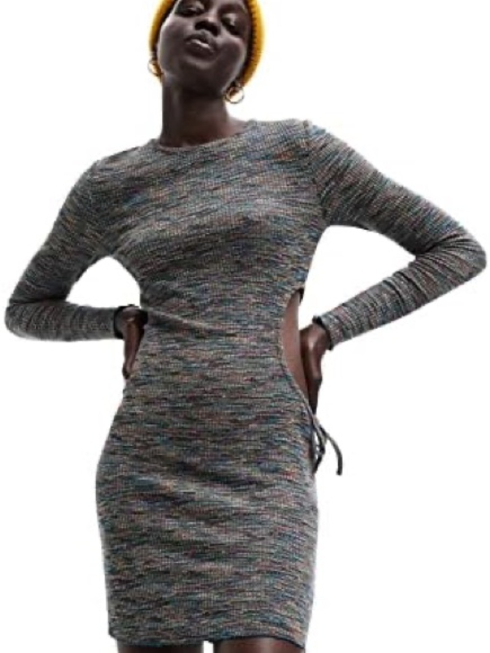 NWT Desigual Space Dye Knit Mini Dress Multicolor Long Sleeve Side Cutout Fitted